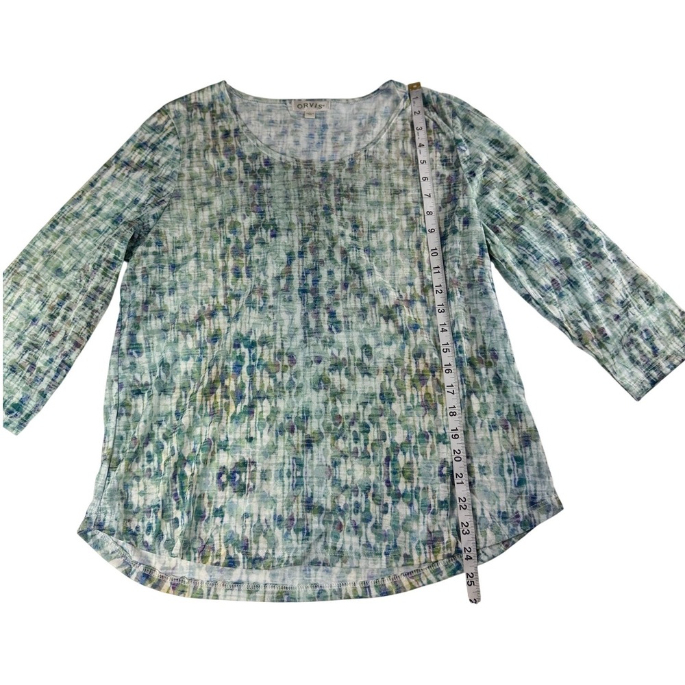Orvis Womens Large 3/4 Sleeve Scoop Neck Abstract Watercolor Top Green Blue USA - Picture 4 of 7